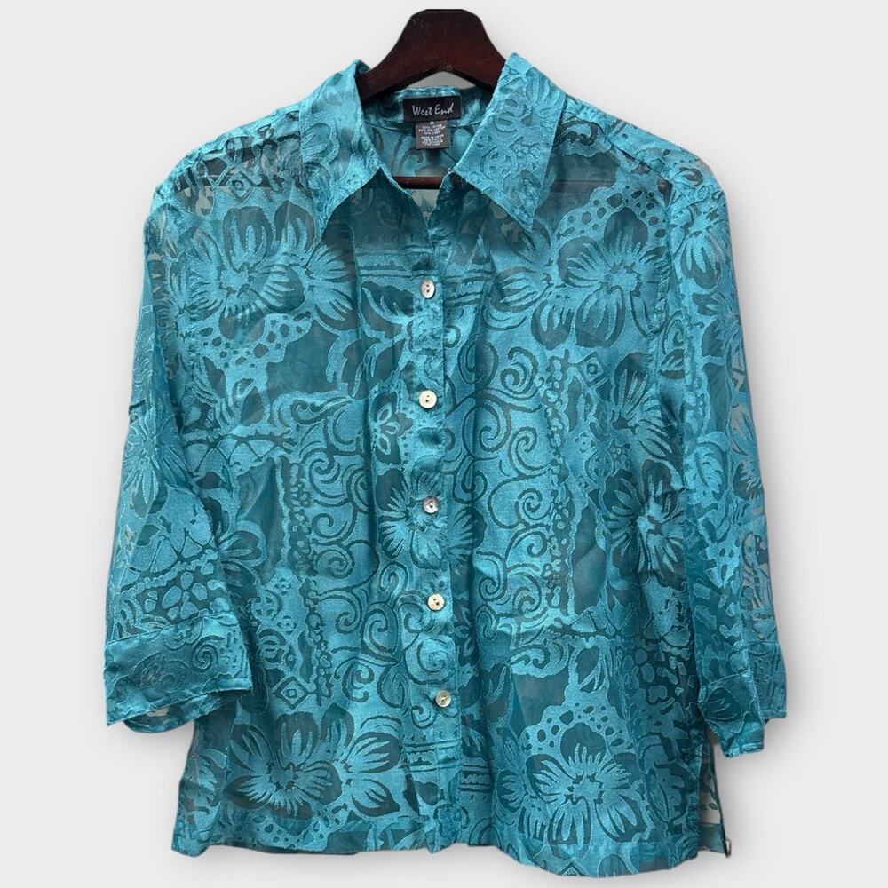 NWT West End Sheer Burnout Blouse Size Medium Caribbean Teal - W80 - Picture 2 of 7
